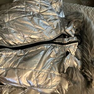 Silver Puffer Jacket with Faux Fur Trim